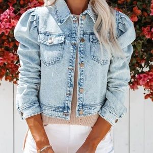 Cropped denim puff jacket